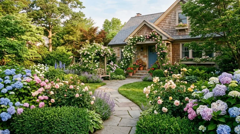 Beautifully landscaped front yard garden with flowering shrubs hydrangeas boxwood and rose bushes