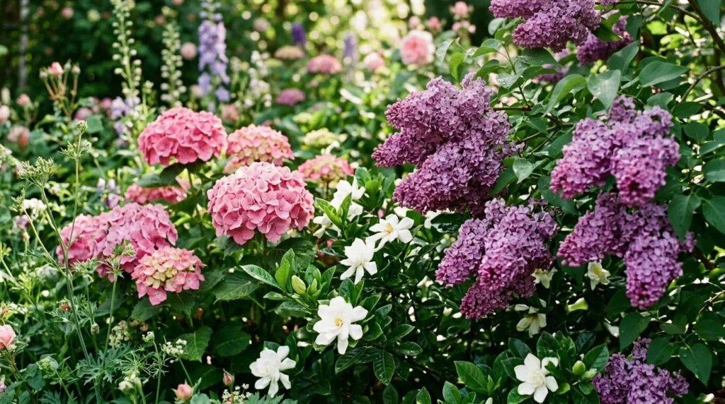 Colorful flowering shrubs in bloom including pink hydrangeas white gardenia and purple lilac