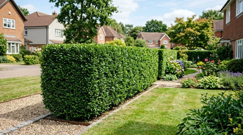 Dense neatly trimmed evergreen shrub hedge of boxwood and skip laurel along garden boundary