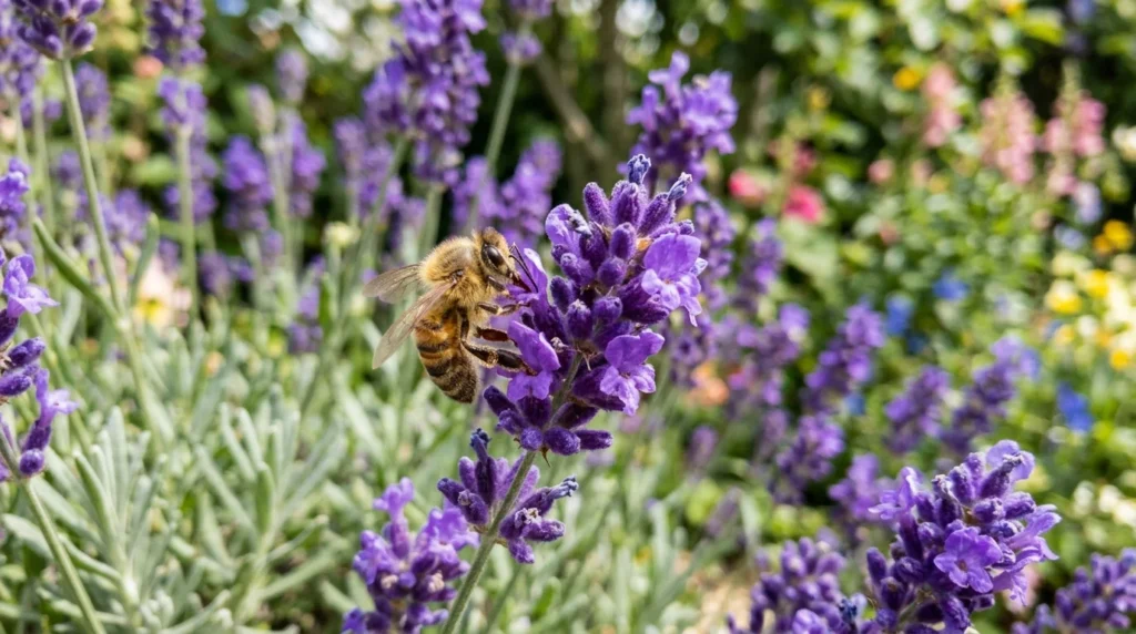 Bee collecting nectar from purple lavender shrub in full bloom in pollinator friendly garden