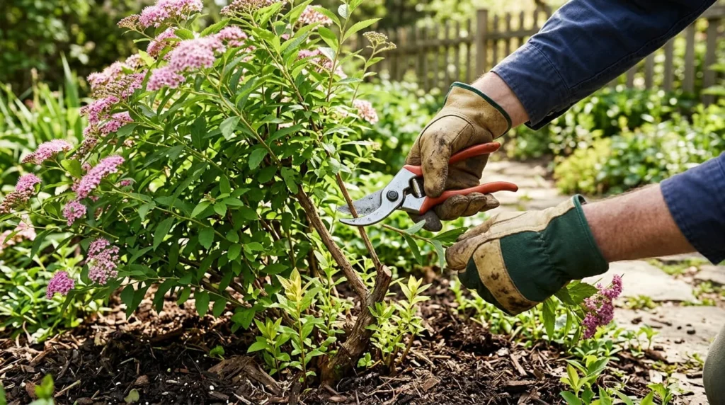 Gardener pruning flowering shrub with pruning shears showing healthy new branch growth