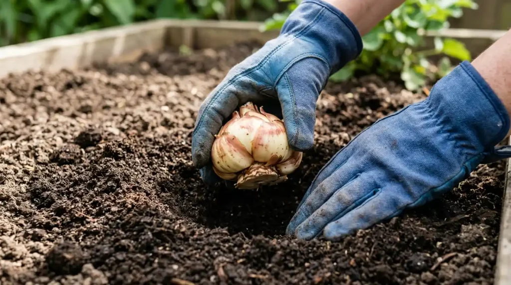 Gardener placing large scaly asiatic lily bulb into well-prepared loamy garden bed at correct planting depth