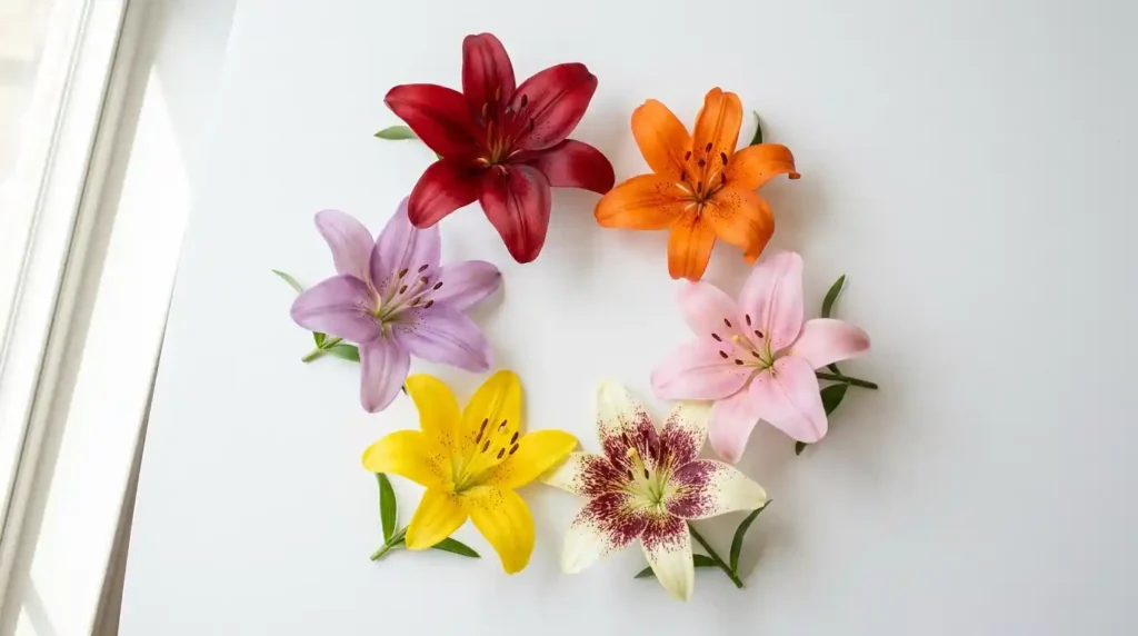 Six asiatic lily blooms in different colors including red orange pink cream with spots yellow and lavender on white surface