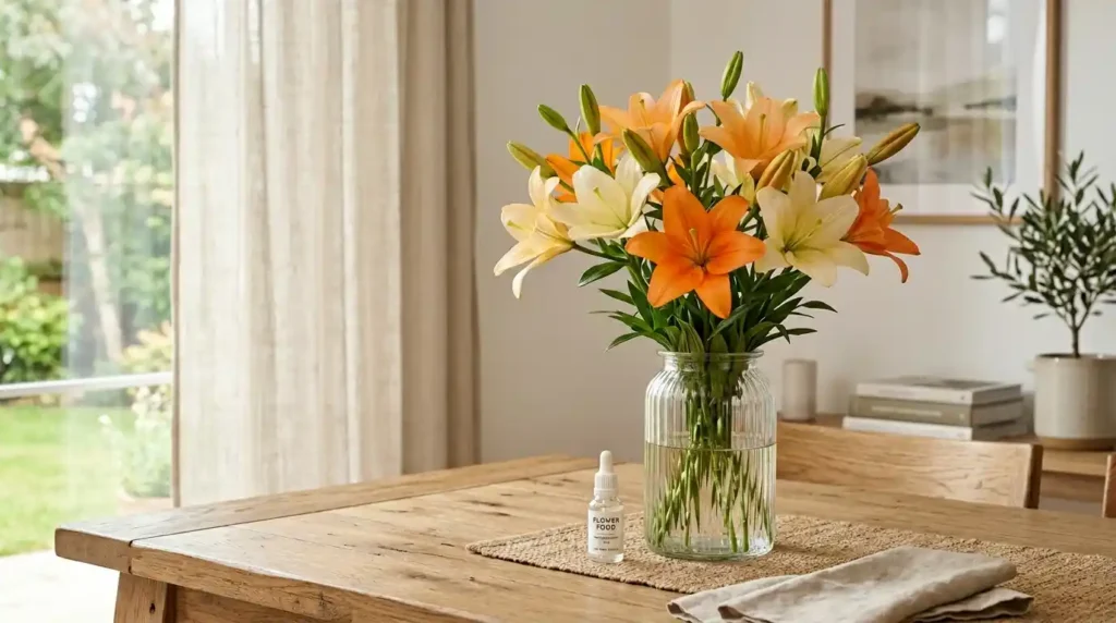Tall glass vase of freshly cut mixed orange and cream asiatic lily stems with stamens removed on wooden dining table