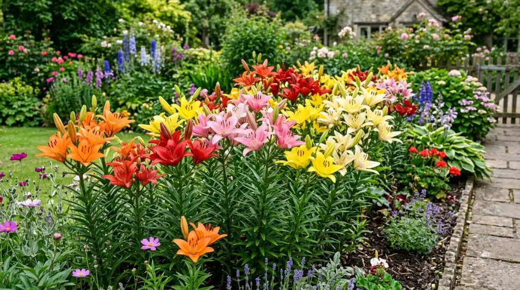 Mixed asiatic lily cultivars in full bloom showing orange red pink yellow and cream upward facing flowers in garden border