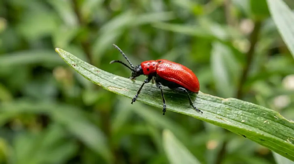 Bright scarlet red lily beetle on narrow green asiatic lily leaf showing distinctive coloring and black legs