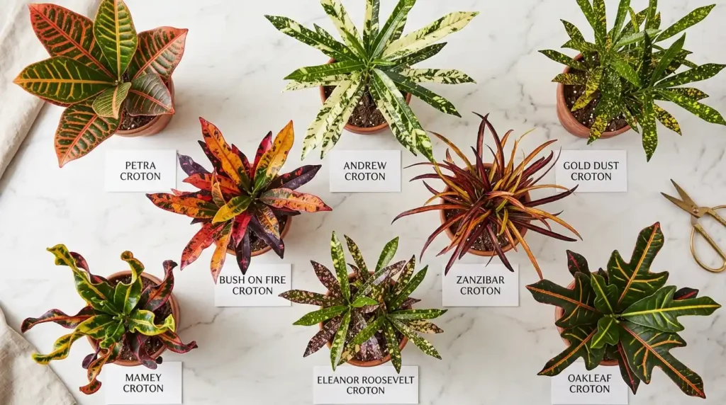 Nursery flat lay of eight croton varieties on white marble showing Petra Croton with shield-shaped red orange yellow leaves Gold Dust Croton with golden spotted green leaves Bush on Fire with red orange gold purple splashed leaves Zanzibar with narrow arching grass-like leaves Mamey with twisted curling leaves Eleanor Roosevelt with purple golden speckled leaves Oakleaf with lobed dark green veined leaves and Andrew with creamy white streaked narrow leaves each labeled with white name cards