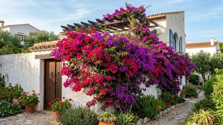 Stunning mature bougainvillea plant in full bloom with vibrant magenta and purple bracts cascading over white Mediterranean wall by Middle Class Homes