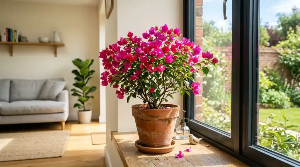 Compact bougainvillea houseplant in terracotta pot on bright south-facing windowsill with vivid pink magenta bracts in full indoor bloom