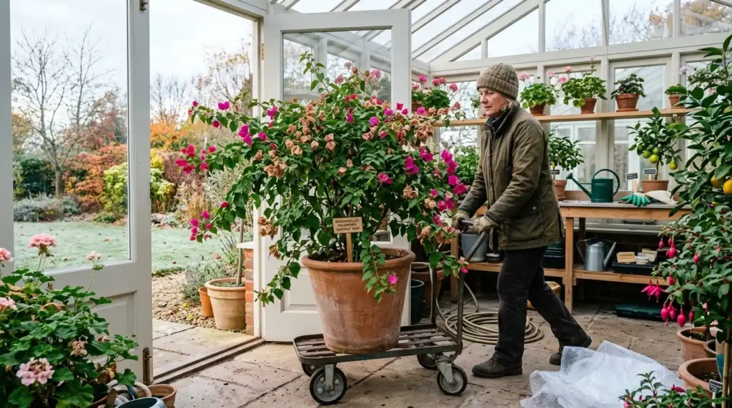 Bougainvillea plant in large container being moved into bright cool conservatory for overwintering frost protection before first frost arrives
