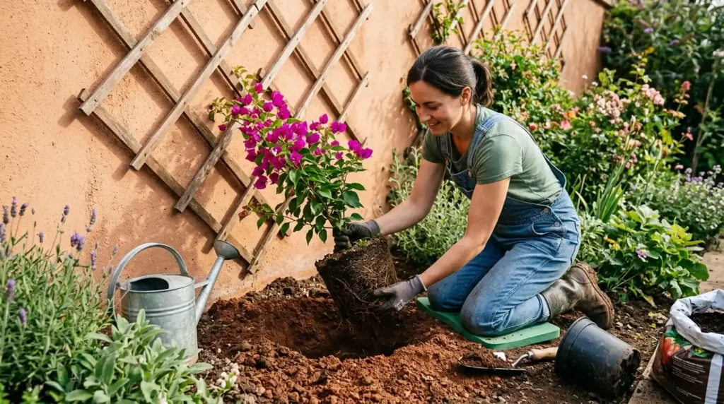 Gardener planting young bougainvillea plant against south-facing wall with trellis support and prepared planting hole showing root ball intact