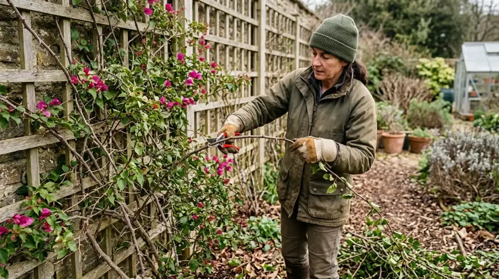 Gardener wearing protective gloves pruning bougainvillea plant with sharp secateurs cutting back long arching thorny branches in late winter