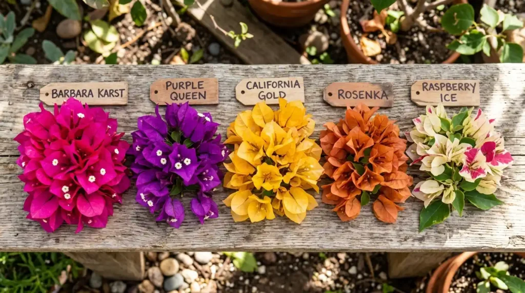 Multiple bougainvillea plant varieties and colors including magenta Barbara Karst deep purple Purple Queen and golden yellow California Gold bracts