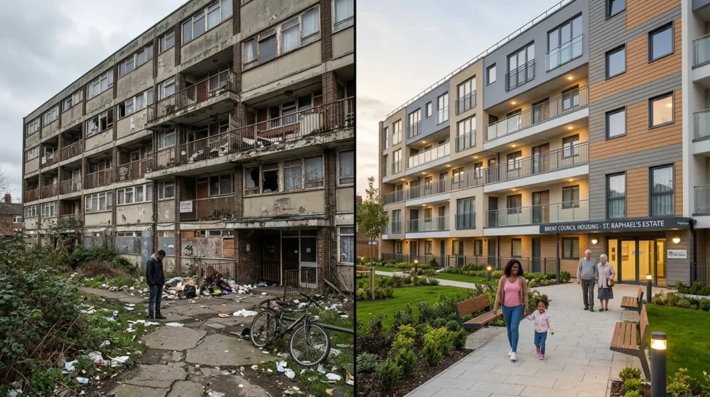 Before and after split image of Brent council housing block showing neglected disrepaired estate on left and fully renovated well-maintained housing environment on right