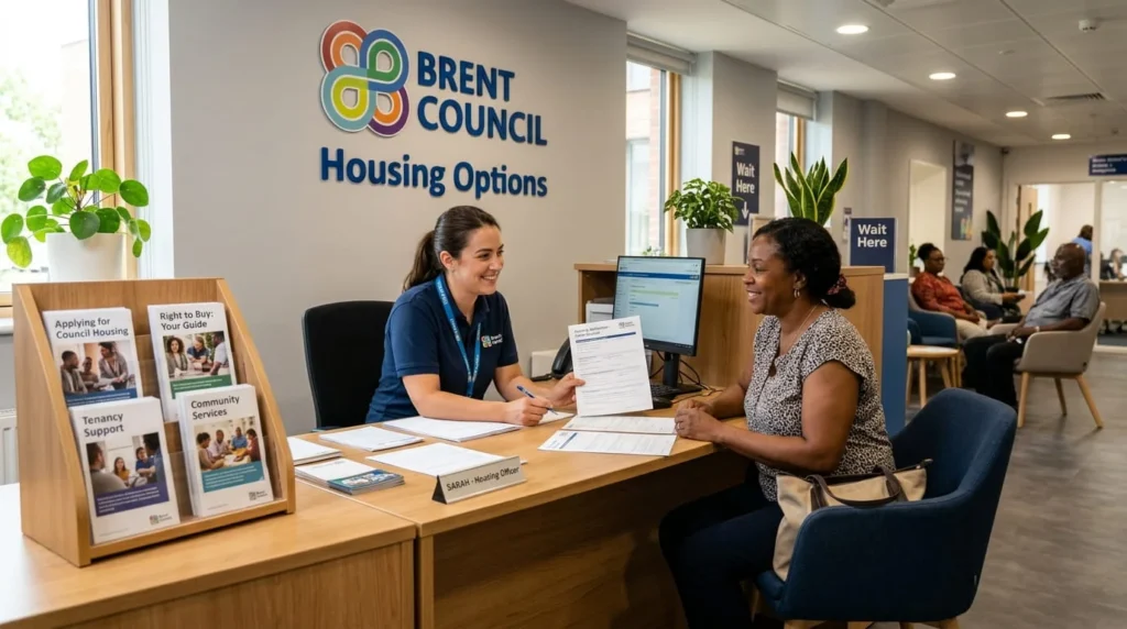 Brent Council housing officer reviewing housing application documents with a resident at a council housing office reception desk with Right to Buy leaflets visible