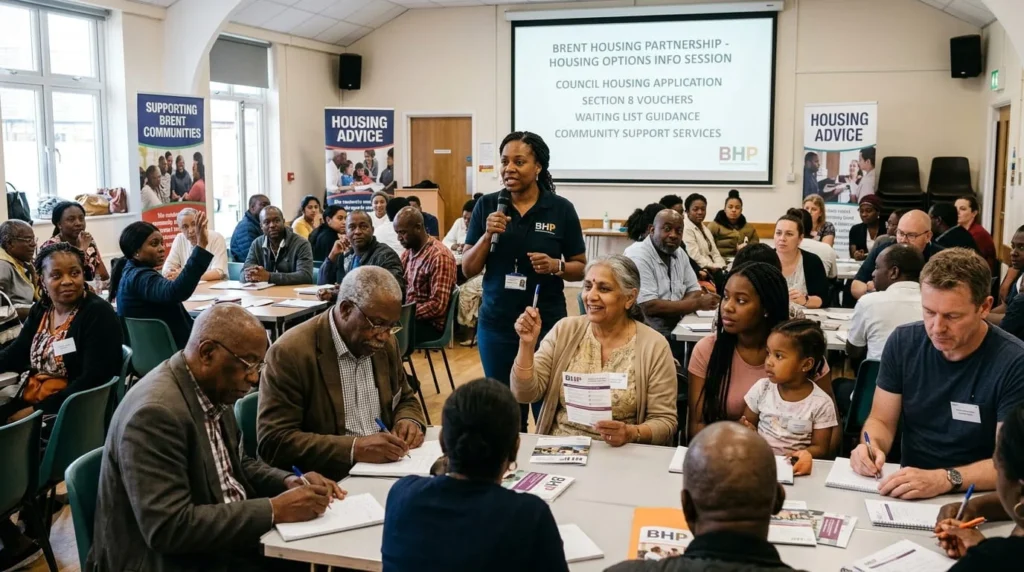 Diverse group of Brent residents attending a council housing information session with housing advisor presenting waiting list and Section 8 voucher guidance in a community hall