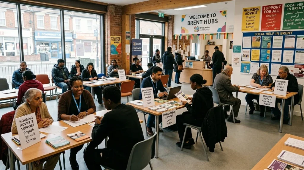 Busy Brent Hubs community centre with residents receiving housing benefits and employment advice from support workers at multiple tables in a welcoming inclusive environment
