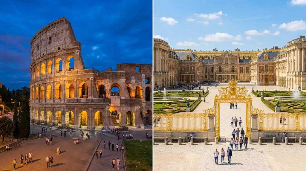 Split image showing Colosseum in Rome at dusk and Palace of Versailles exterior facade with formal gardens