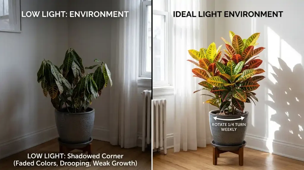 Split frame comparison of two croton plants showing faded dark green drooping leaves with weak stems in dim corner representing low light damage on left versus vibrant multicolored red yellow orange green leaves standing healthy beside bright East-facing window with sheer curtain strong wall shadow and pot rotation arrow on right in natural morning light