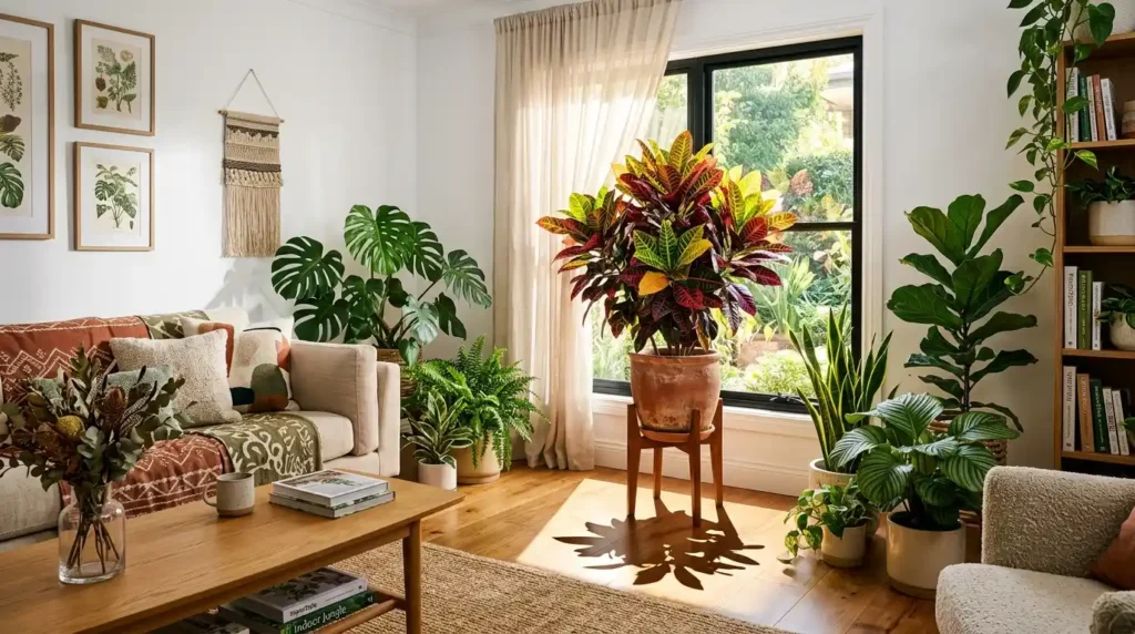 Wide angle bright living room featuring large lush croton plant Codiaeum variegatum in deep terracotta pot on wooden plant stand beside West-facing window with bold multicolored red yellow orange green purple leaves catching warm afternoon sunlight through sheer curtain with strong shadow on hardwood floor and smaller houseplants grouped nearby against clean white walls