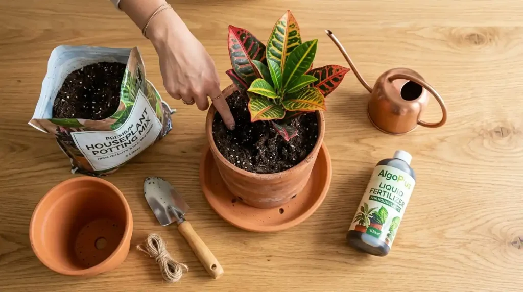 Flat lay croton watering and repotting care toolkit on natural wood showing healthy croton in terracotta pot with drainage holes finger checking top inch soil moisture long spout watering can bag of well-draining potting soil AlgoPlus liquid fertilizer bottle larger repotting pot hand trowel and empty saucer with no standing water