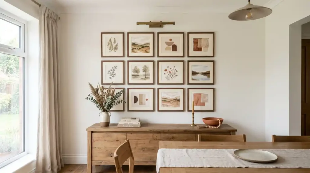 Dining room gallery wall with twelve framed botanical prints watercolor and abstract art in warm wooden frames around central brass picture light