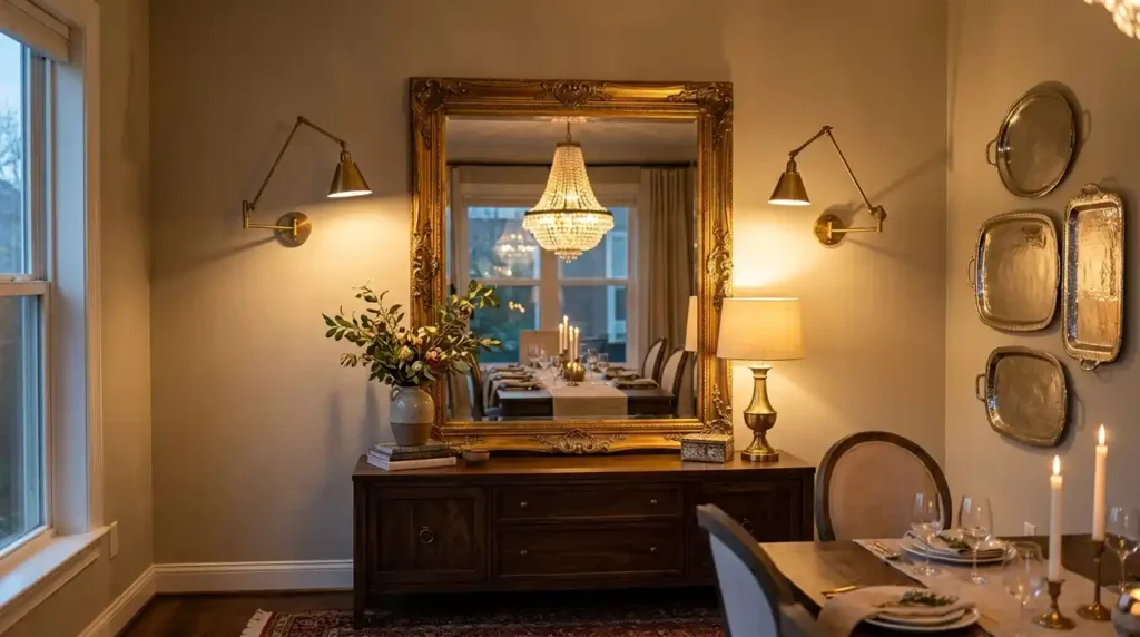 Dining room with large ornate gold framed mirror above dark sideboard flanked by brass swing arm sconces and metallic tray cluster wall decor