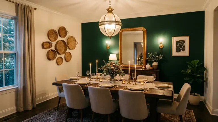 Dining room with deep forest green feature wall gold framed mirror woven baskets chandelier and brass wall sconces above wooden table