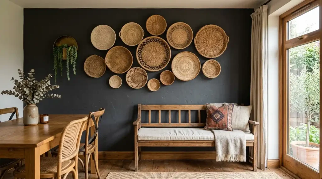 Dining room Wall Decorations with fifteen woven baskets varying sizes weaves and natural tones on charcoal wall above wooden bench with brass planter