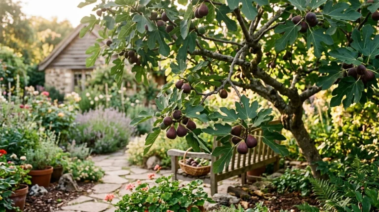 Mature edible fig tree with ripe purple brown figs and lush lobed foliage in sunny home garden