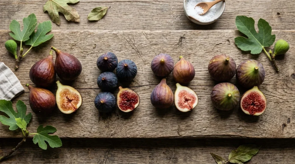 Four edible fig varieties brown turkey black mission celeste and chicago hardy on wooden surface