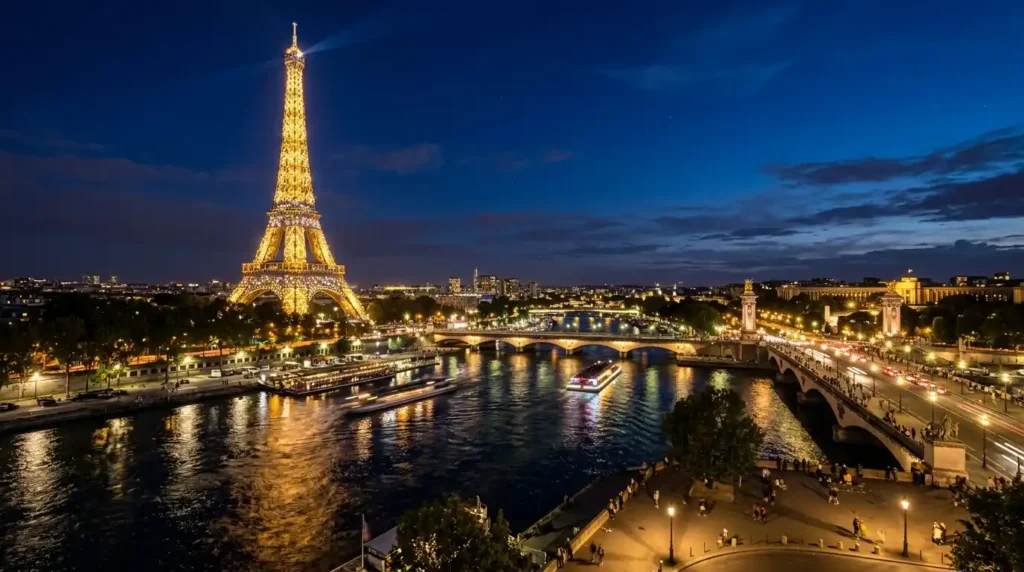 Eiffel Tower illuminated at night with 20000 golden lights reflecting on Seine River in Paris France