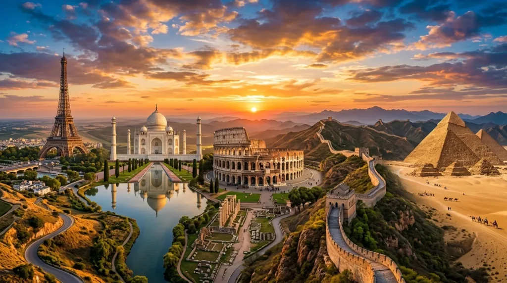 World famous landmarks composite showing Eiffel Tower Taj Mahal Colosseum Great Wall Pyramids at golden sunset