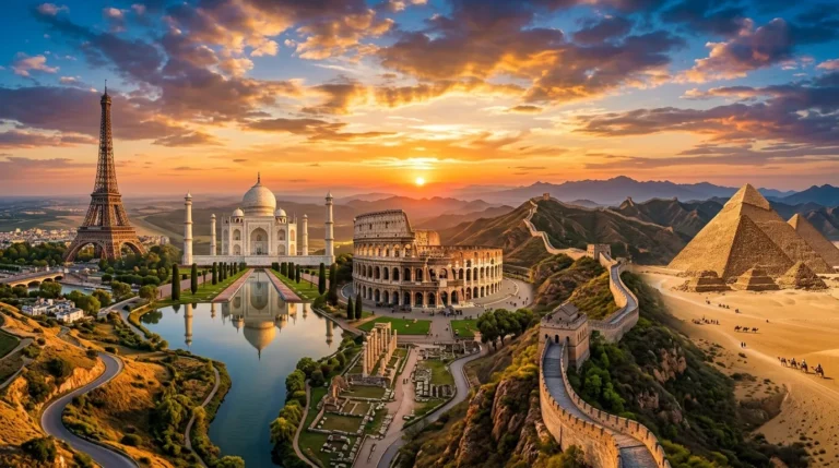 World famous landmarks composite showing Eiffel Tower Taj Mahal Colosseum Great Wall Pyramids at golden sunset