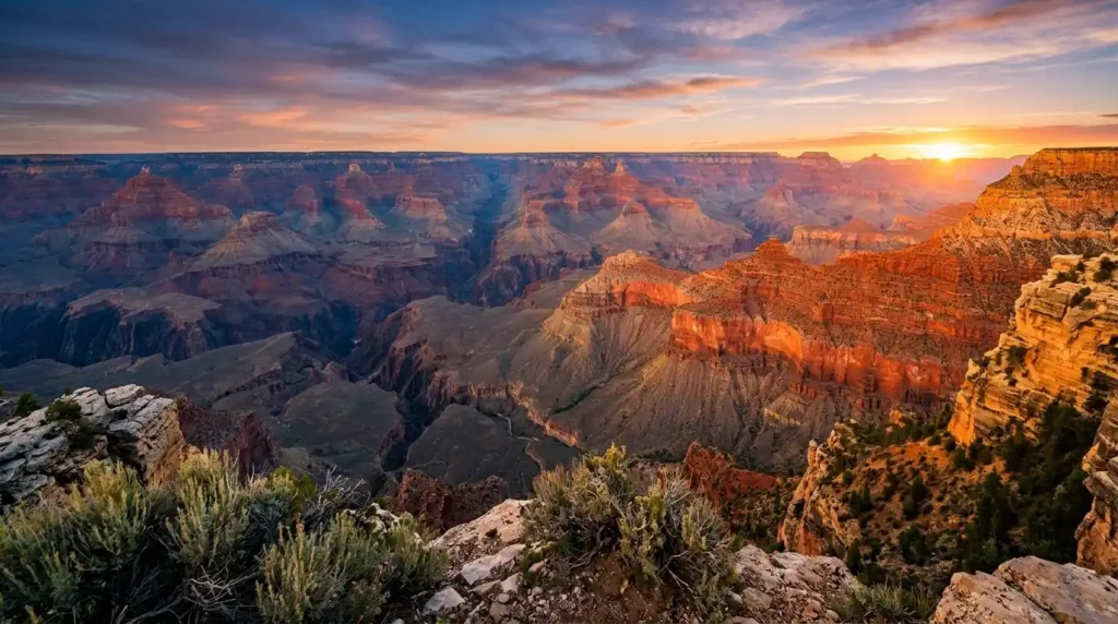 Grand Canyon at sunrise showing layered orange red gorges carved by Colorado River stretching to horizon