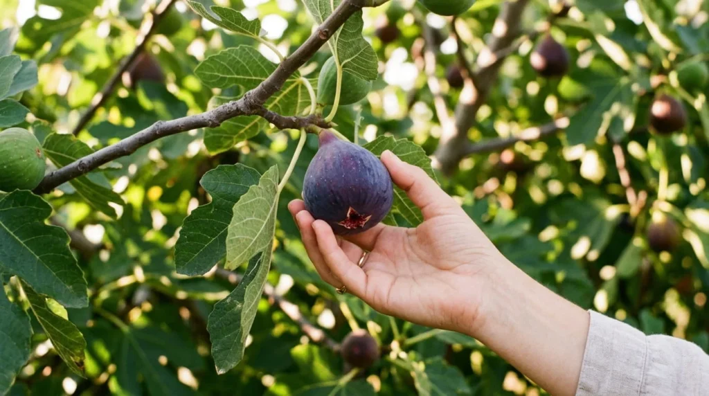 Hand picking fully ripe deep purple fig from branch with drooping stem and open ostiole in late summer