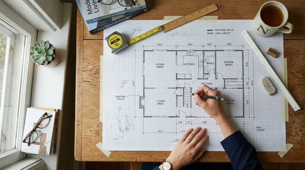 Homeowner sketching floor plan layout as part of house renovation advice miprenovate planning process
