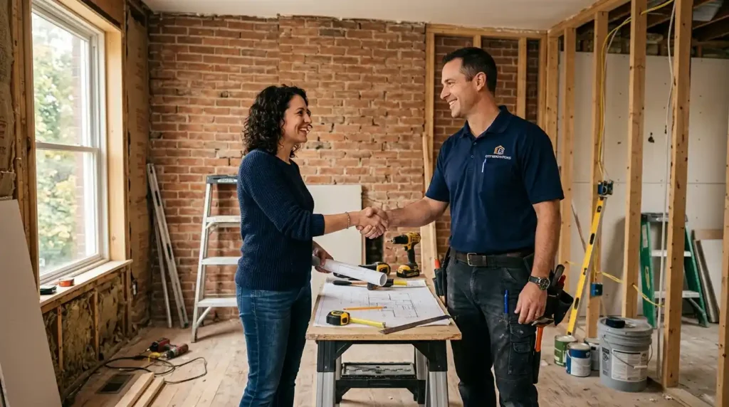 Homeowner hiring a professional contractor following house renovation advice miprenovate guide by Middle Class Homes