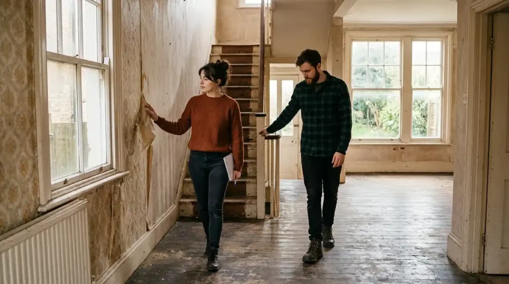 Couple viewing a fixer-upper property following house renovation advice miprenovate guide