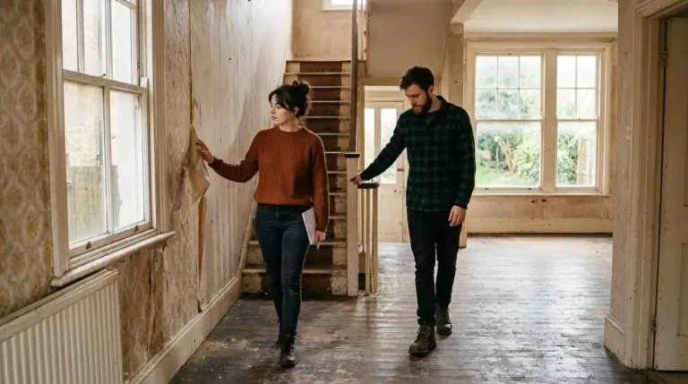 Couple viewing a fixer-upper property following house renovation advice miprenovate guide