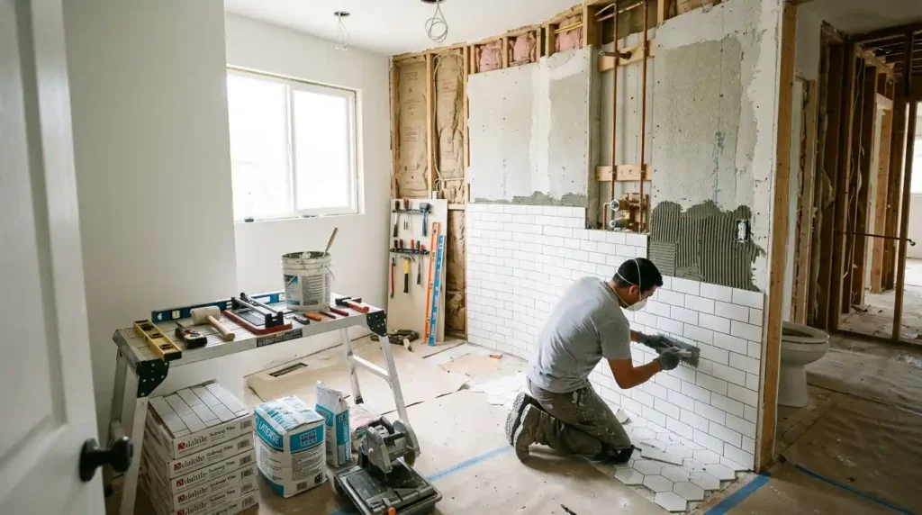 Bathroom renovation in progress showing room by room order from house renovation advice miprenovate guide