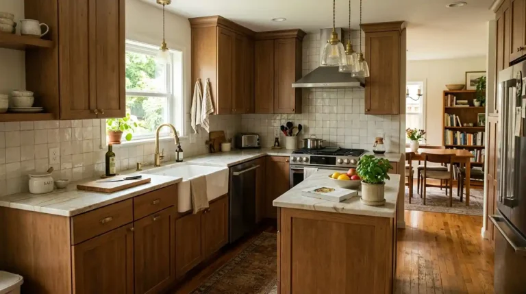 Kitchen by middle class homes with wood cabinets quartzite countertops and pendant lighting