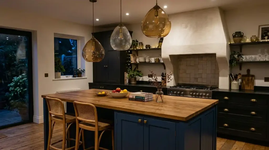 Asymmetrical pendant lights above a kitchen island in a warm middle class home with plaster hood