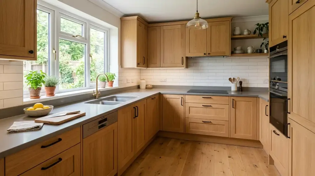 L-shaped kitchen layout in a middle class home with clear traffic flow and continuous worktop