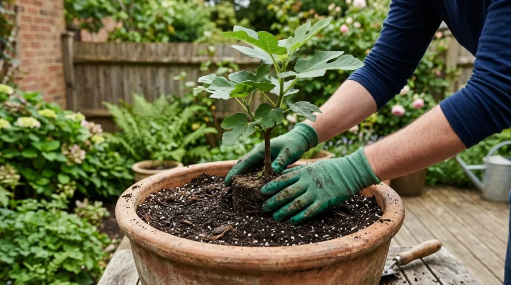 Gloved hands planting young edible fig tree sapling into large ceramic container with potting mix