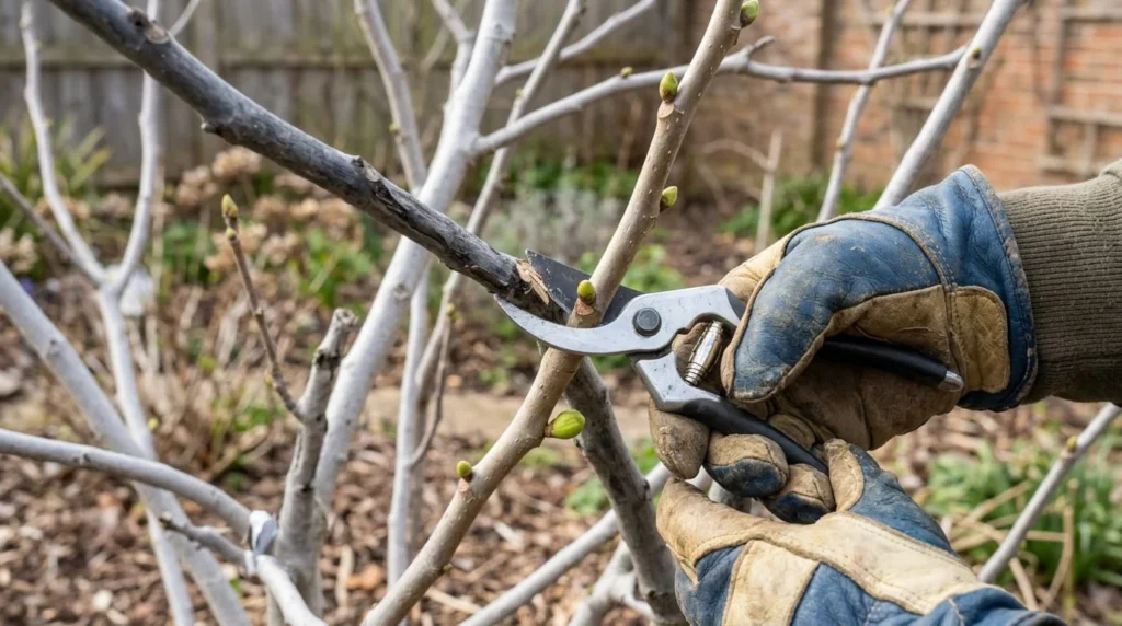 Gardener pruning dead branch from mature edible fig tree in late winter with sharp pruning shears