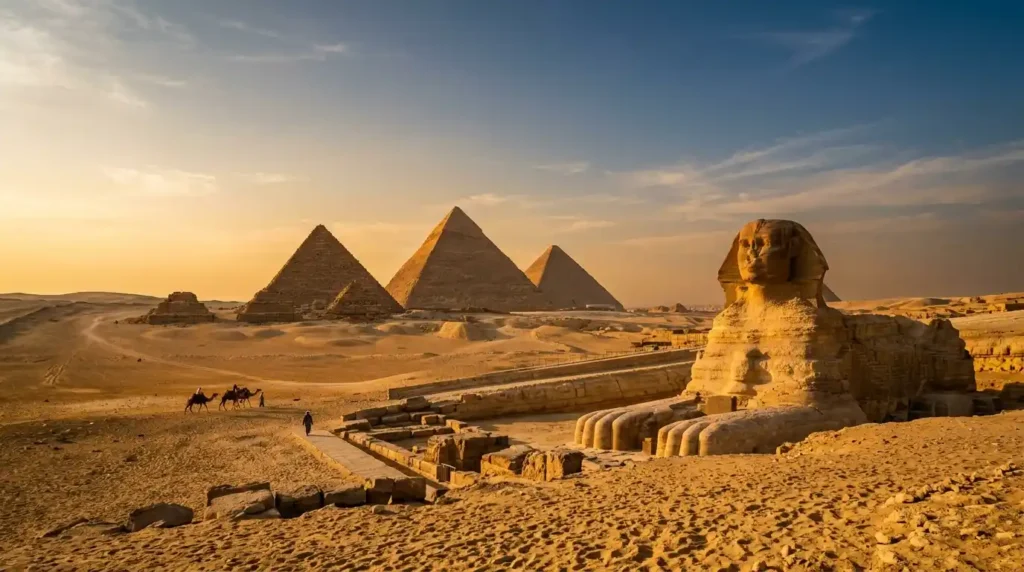 Three Pyramids of Giza rising from Egyptian desert at golden hour with Sphinx visible in foreground