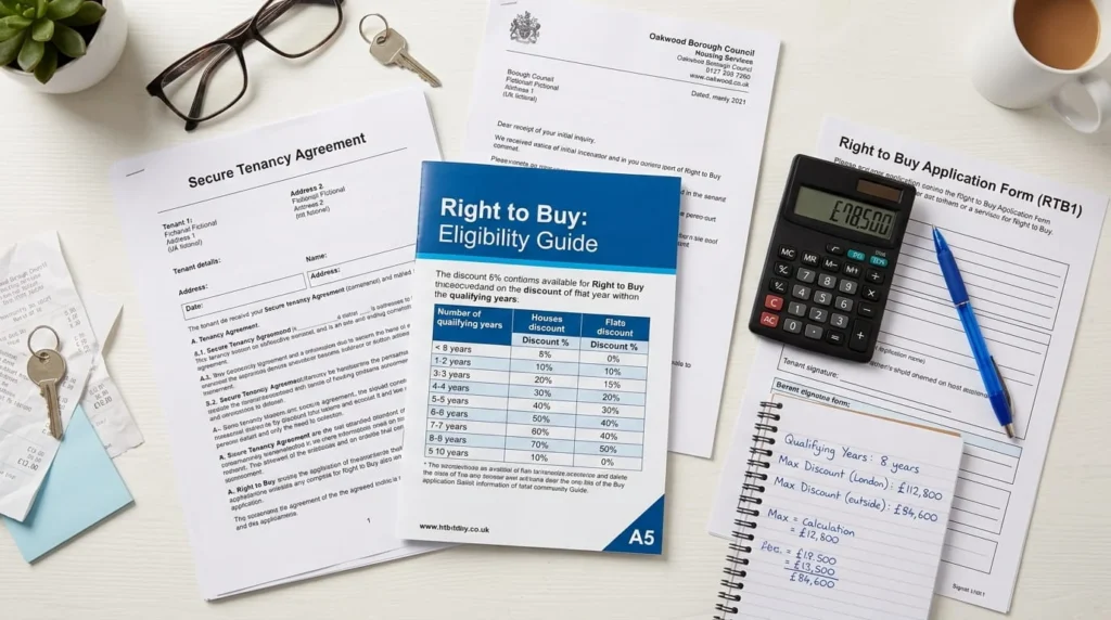 Council tenant Right to Buy application toolkit flat lay showing eligibility guide discount percentages tenancy agreement and housing authority letter on white desk