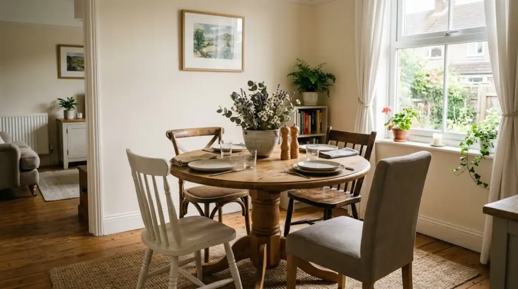 Round pedestal dining table in a small middle class dining room with mismatched chairs