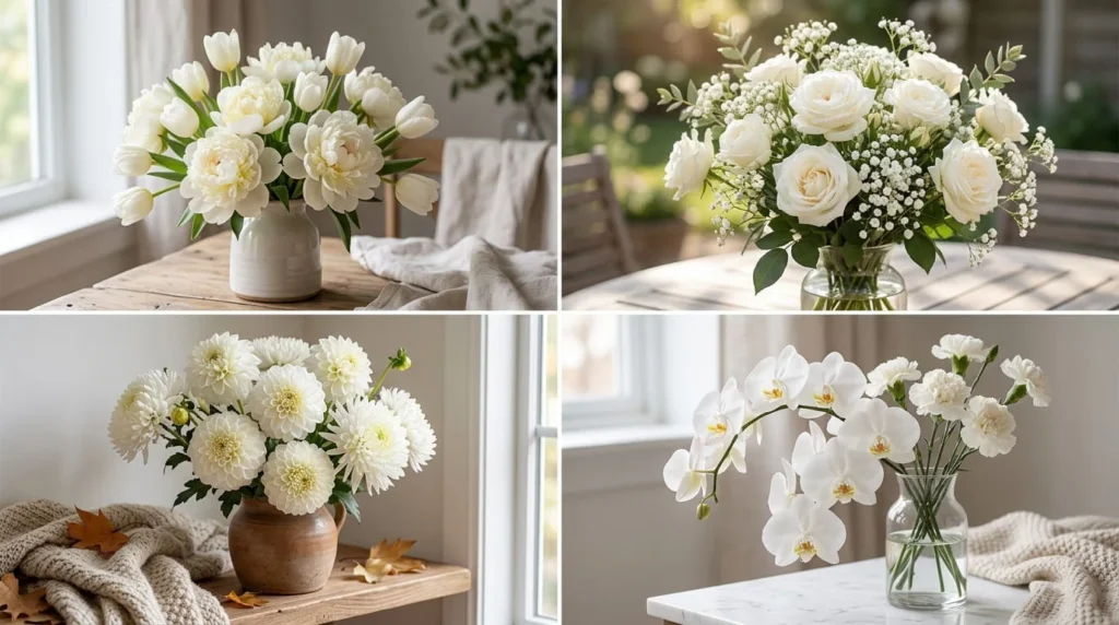Four panel seasonal collage of white flowers showing peonies tulips roses dahlias orchids and carnations by season
